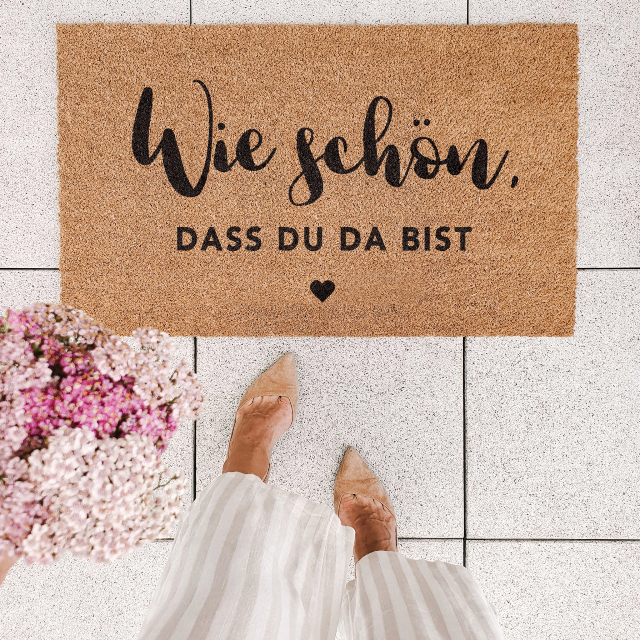 Eulenschnitt Kokos-Fußmatte mit Aufschrift "Wie schön, dass du da bist", rutschfest