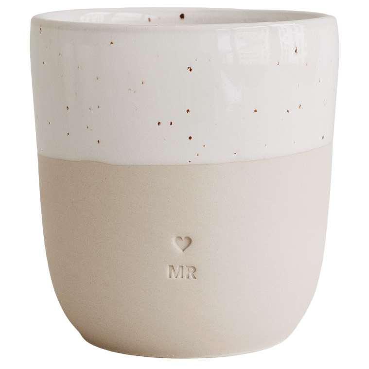 Eulenschnitt Kaffeebecher mit Aufschrift MR | Hochzeitsgeschenk aus Steingut | für 320 ml