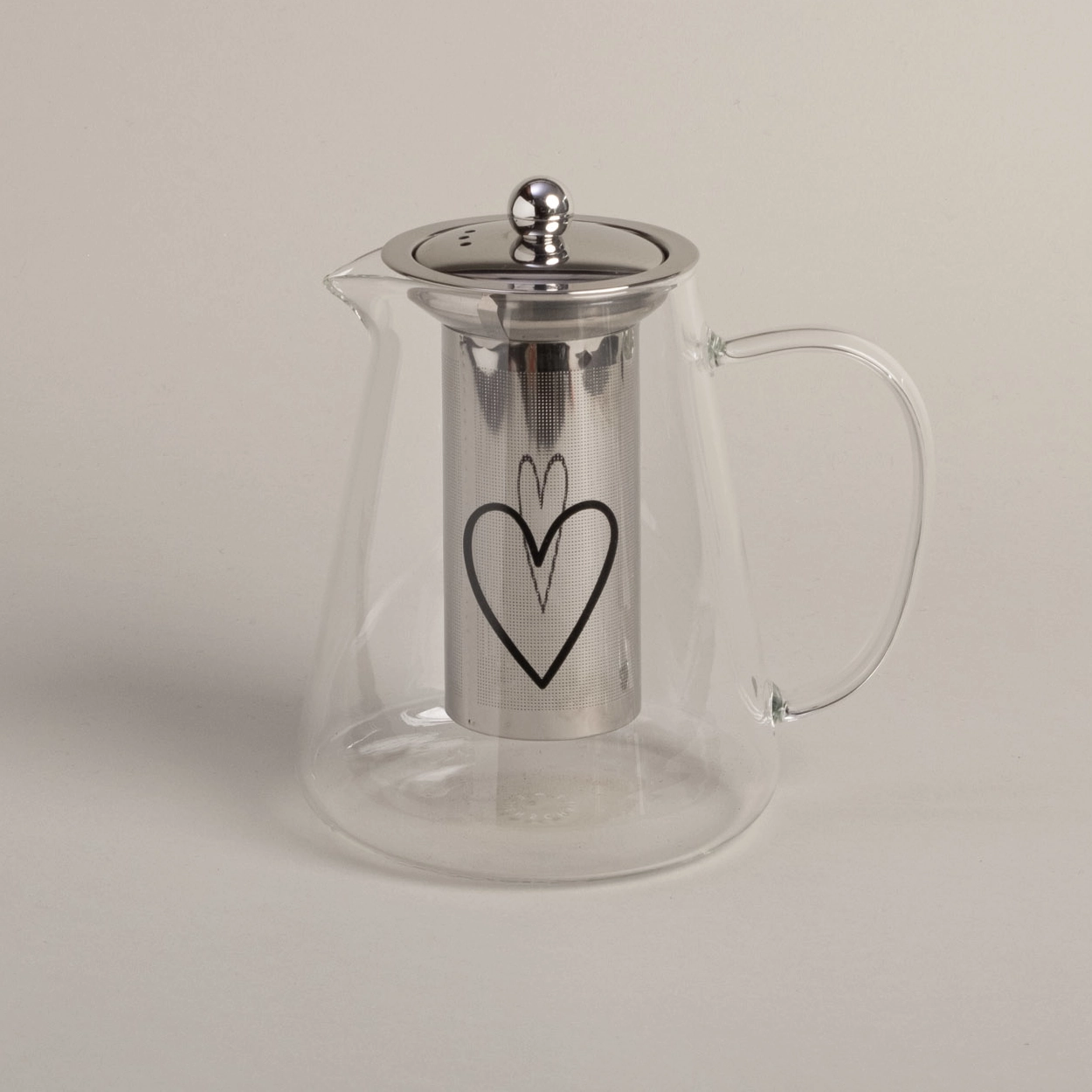 Eulenschnitt Teekanne aus Glas mit Sieb und Deckel, Aufdruck Herz für 1200 ml