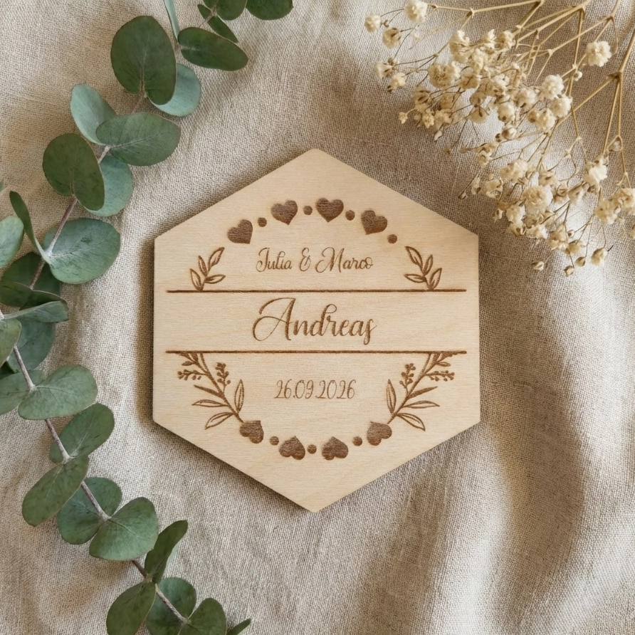 Personalisierte Untersetzer Birke im Hexagon-Format, Platzkarten aus Holz für Hochzeiten